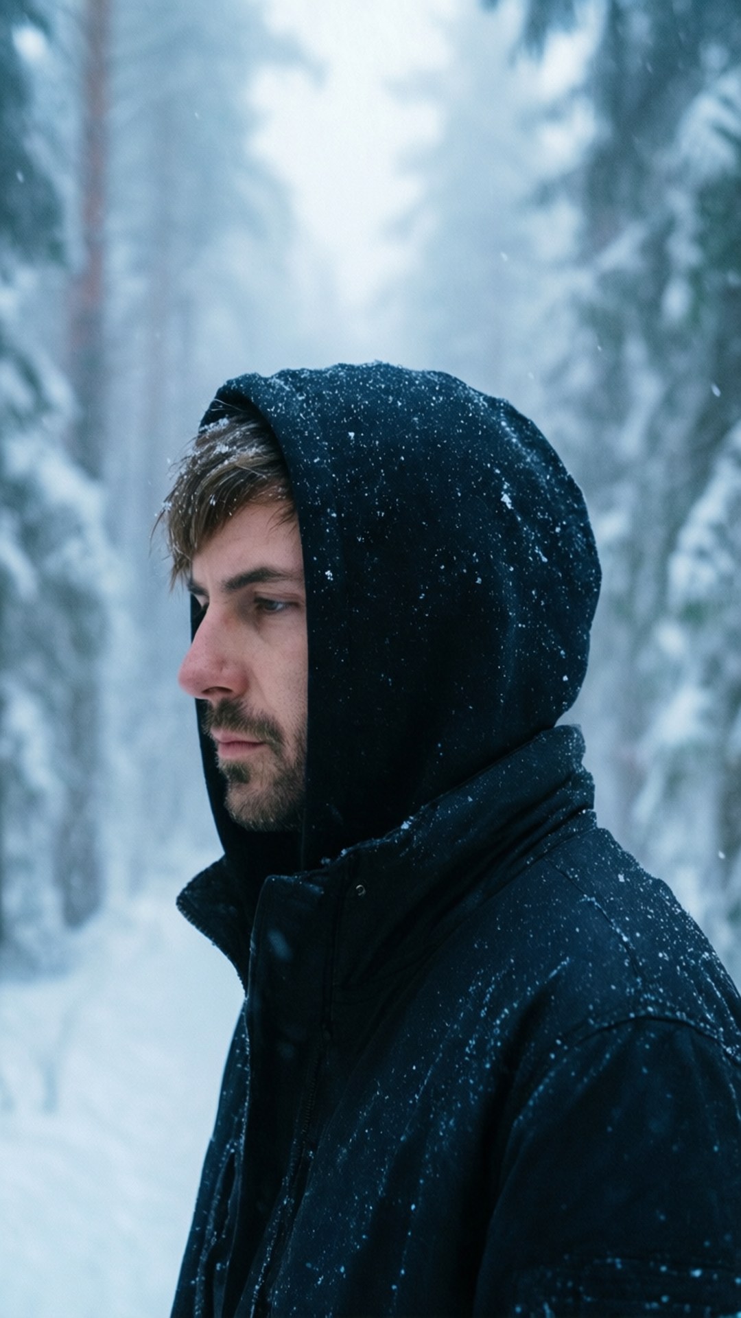 Alan Walker steht in einem verschneiten Wald mit Nebel und einem blau-weißen Farbschema, ruhig und mystisch.