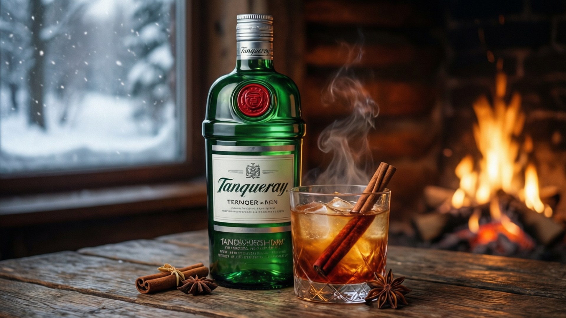 Tanqueray Gin i et vintermiljø med varm cocktail, snø ute, koselig peislys.