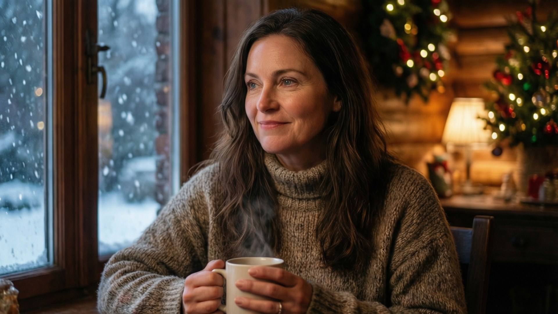 Katherine Barrell njuter av en varm dryck en snöig dag.