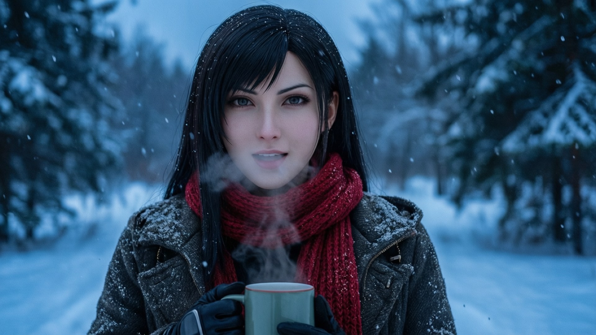Winterwarmte Achtergronden — Een vrouw met donker haar en rode sjaal houdt een dampende mok vast in een besneeuwd bos onder een blauwe schemerhemel.