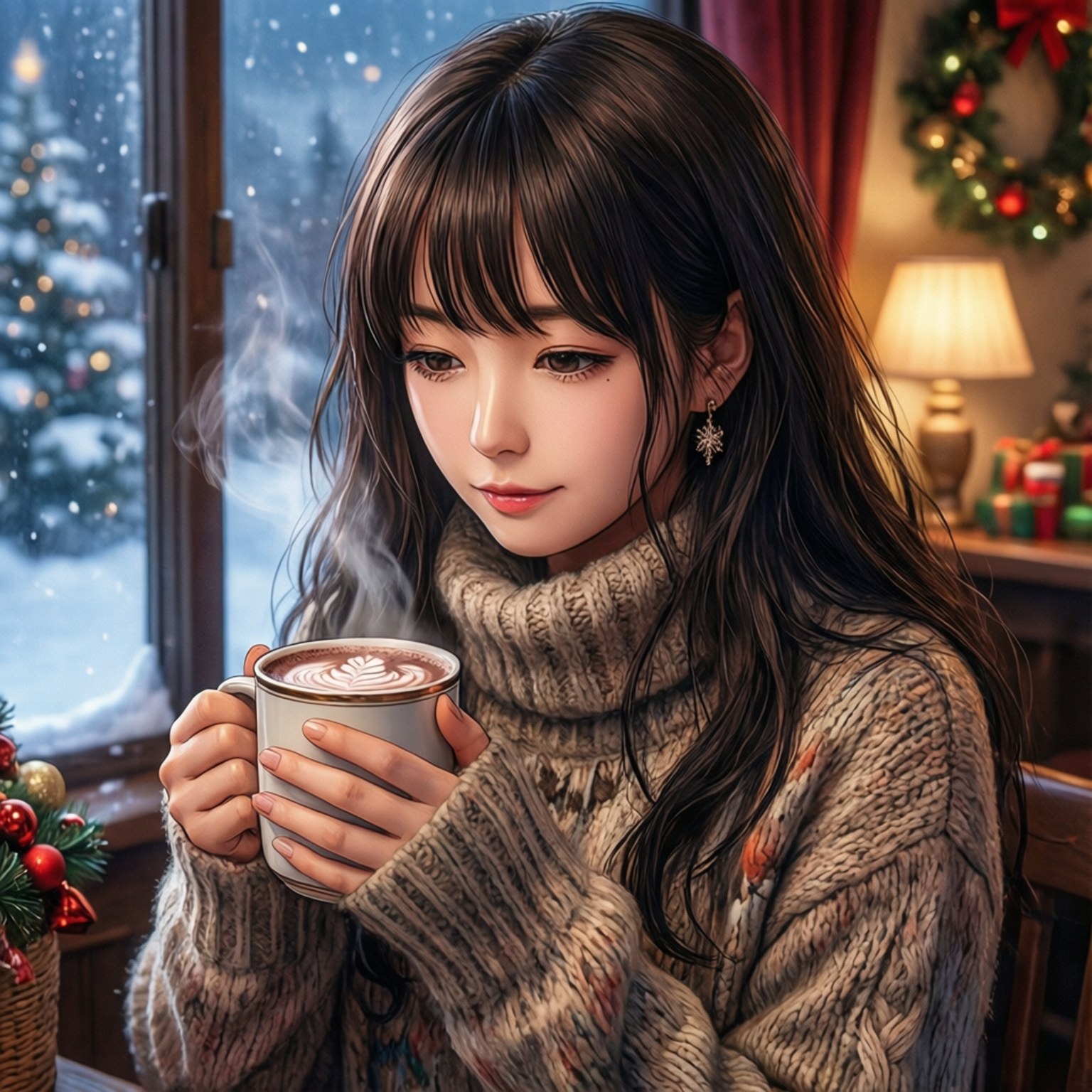 Sanae Furukawa i en tröja med varm choklad vid ett snötäckt fönster
