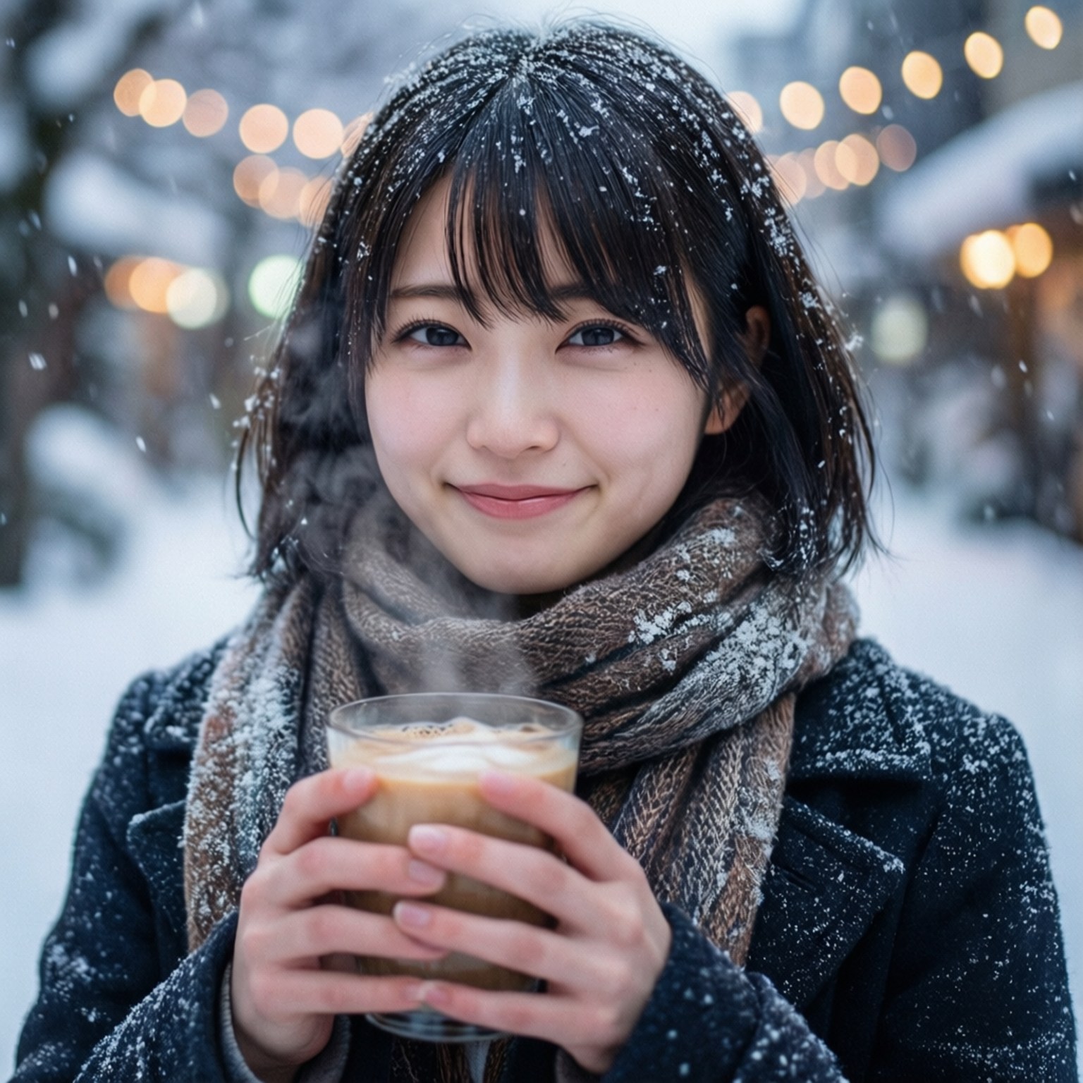 Mirai enjoys a hot drink in a snowy winter scene, bundled up and smiling warmly.
