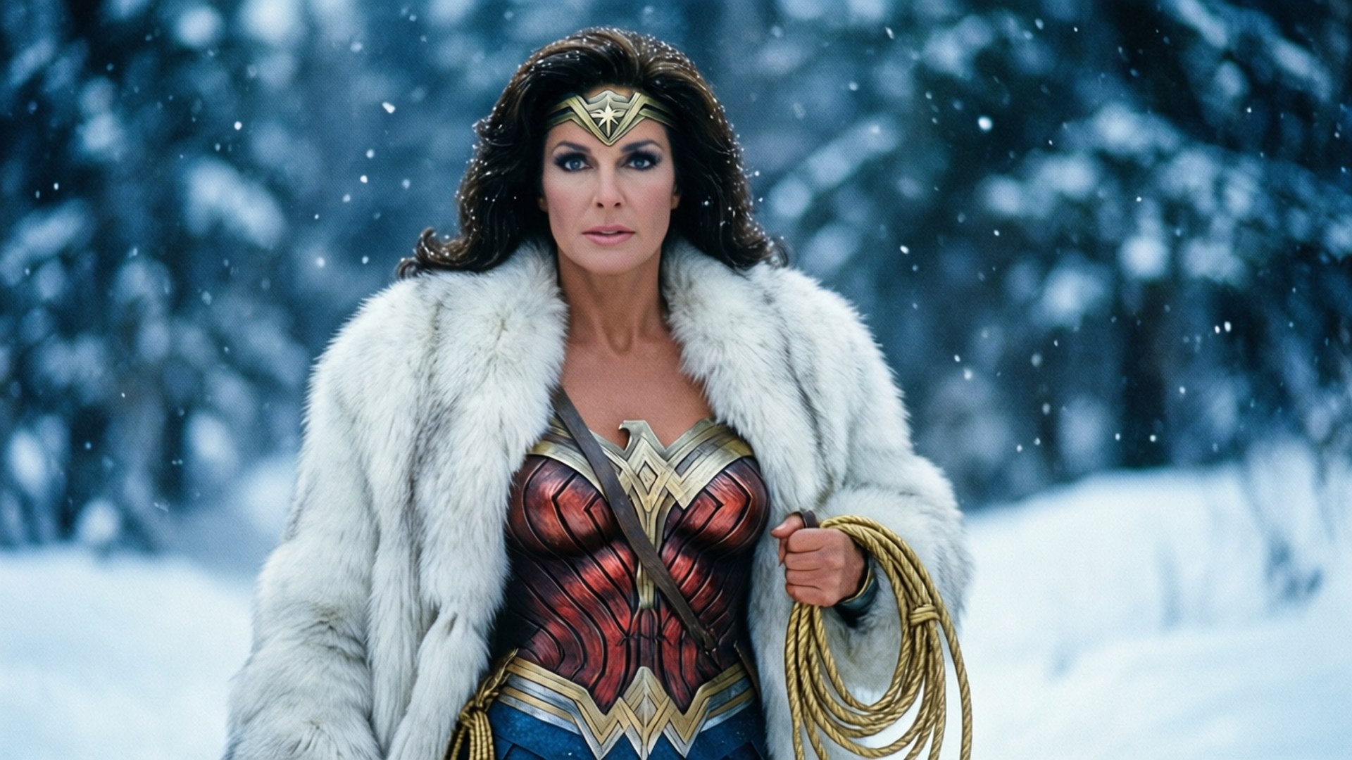 Winter Warrior Papéis de Parede — A Mulher-Maravilha está posicionada em uma floresta nevada usando um casaco de pele branco e segurando seu laço da verdade.