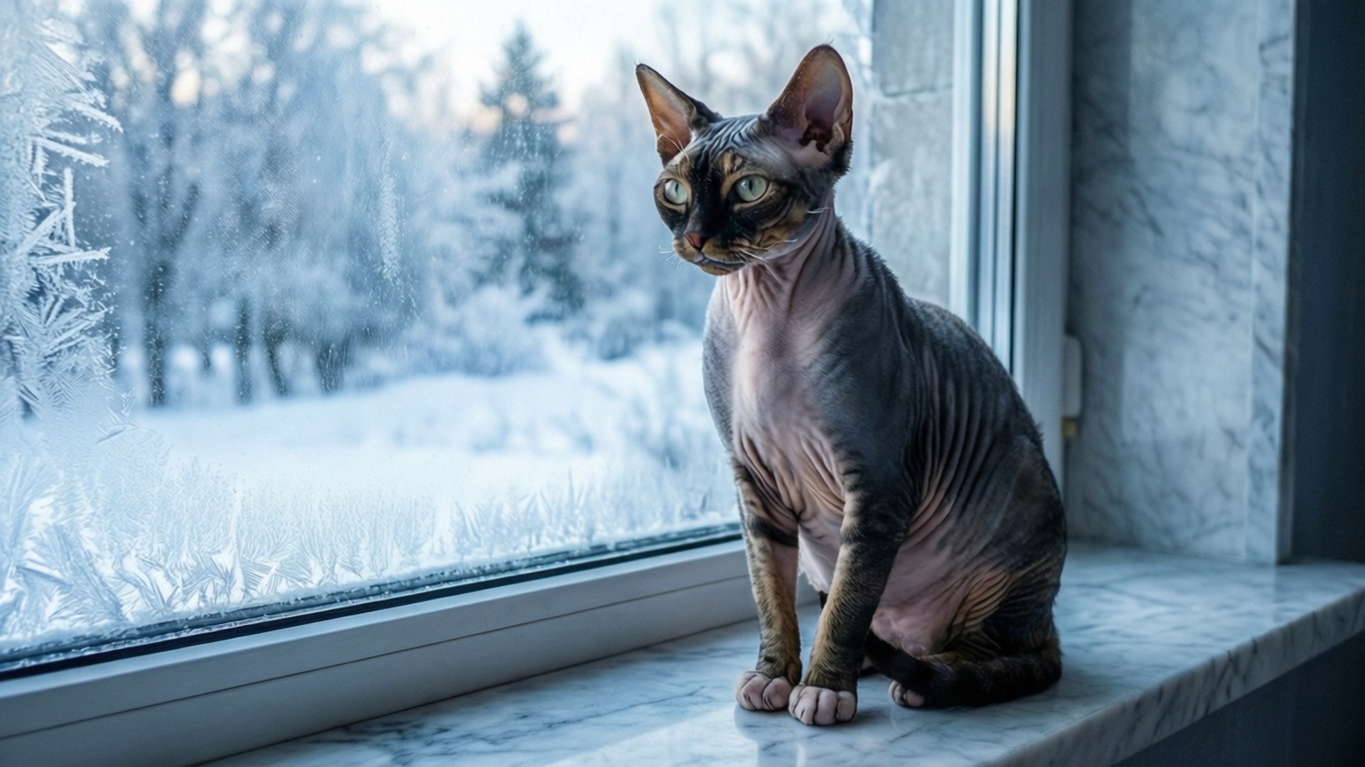 Rauhallinen talvitaustakuva Devon Rex -kissasta marmorilaudalla katsomassa lunta ulkona.
