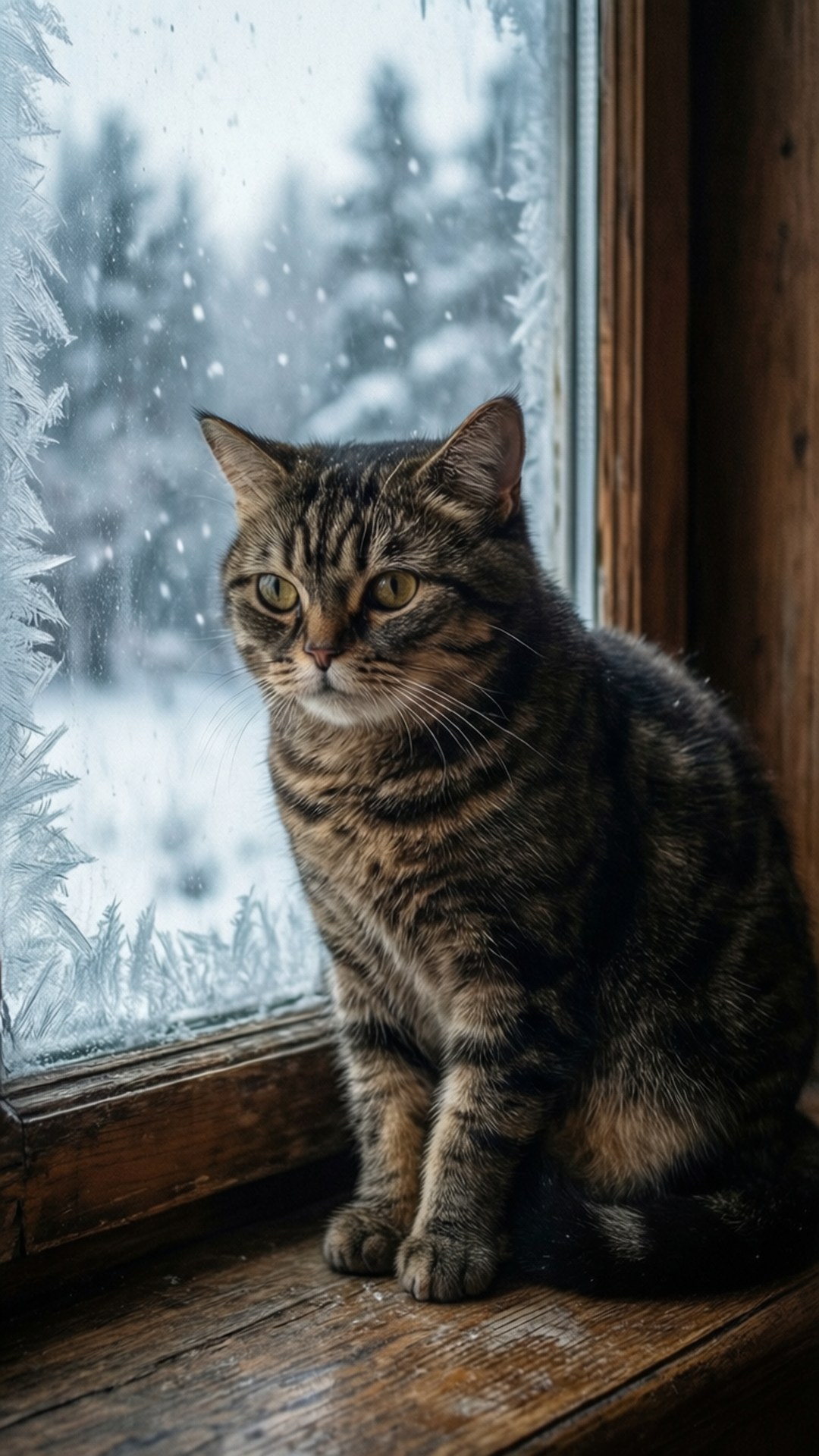 Een American Curl-kat die een besneeuwd winterlandschap observeert vanuit een warm raam.