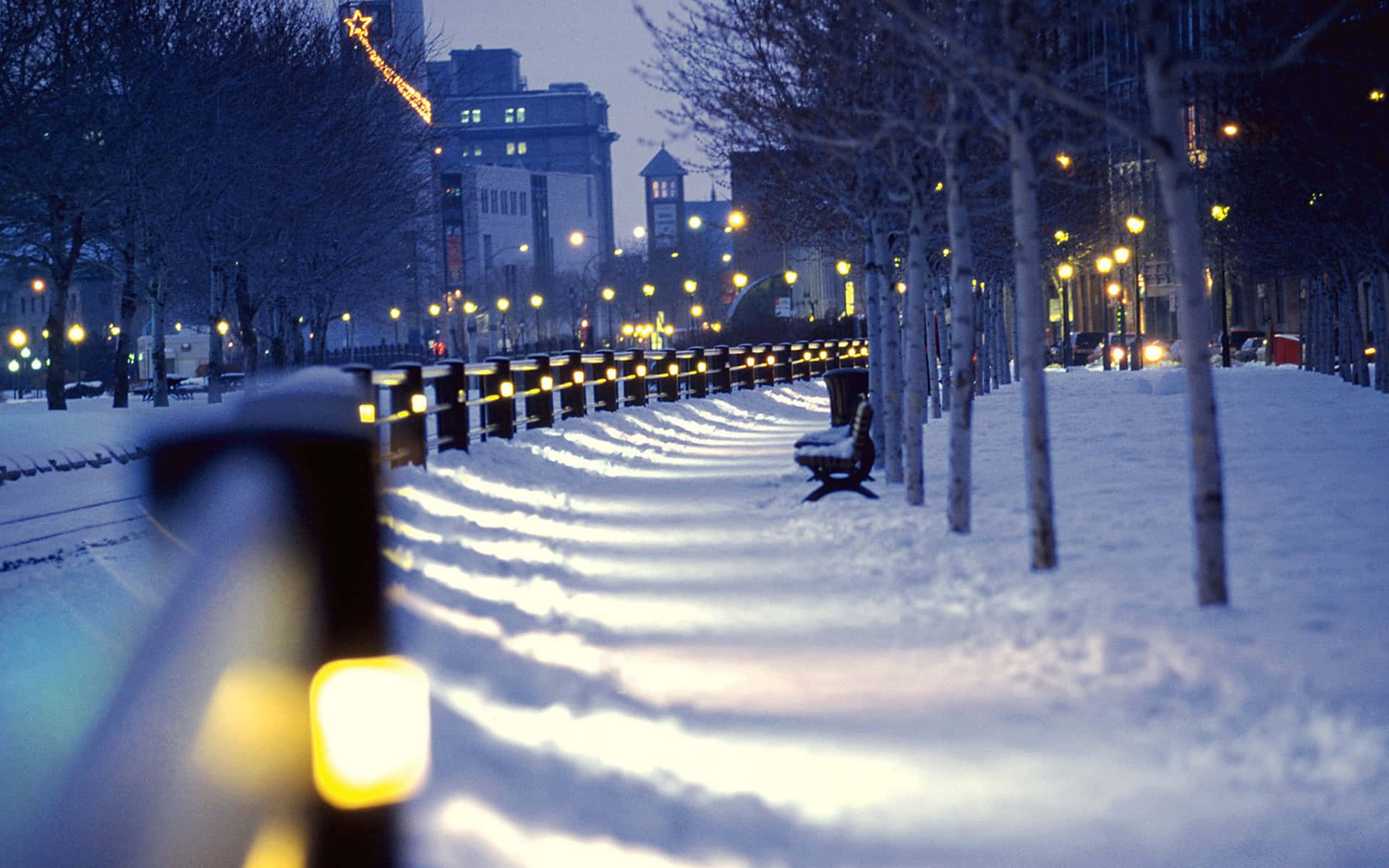 Snowy Sidewalk In The City Winter Zoom Background