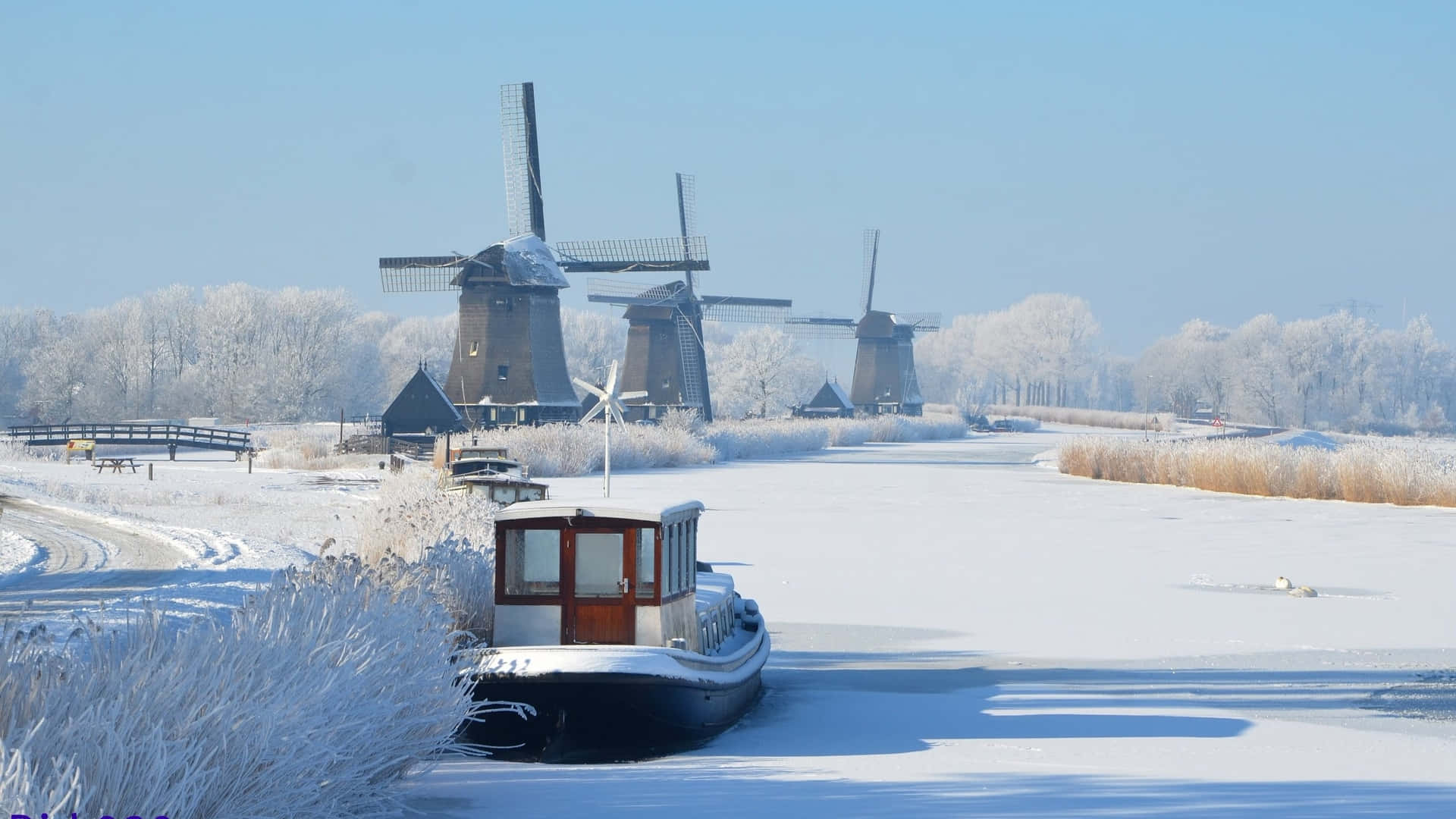 Winter In Leeuwarden Windmolens En Bevroren Kanaal Achtergrond