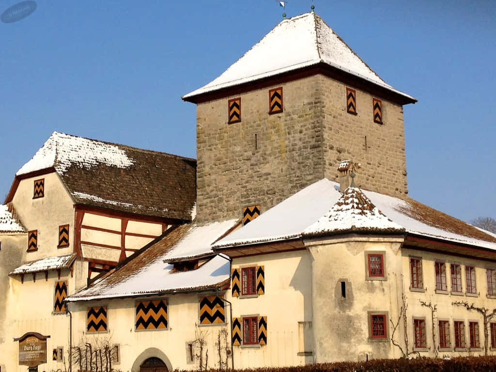 Winterthur Hegi Castle Snow Covered Roofs Wallpaper