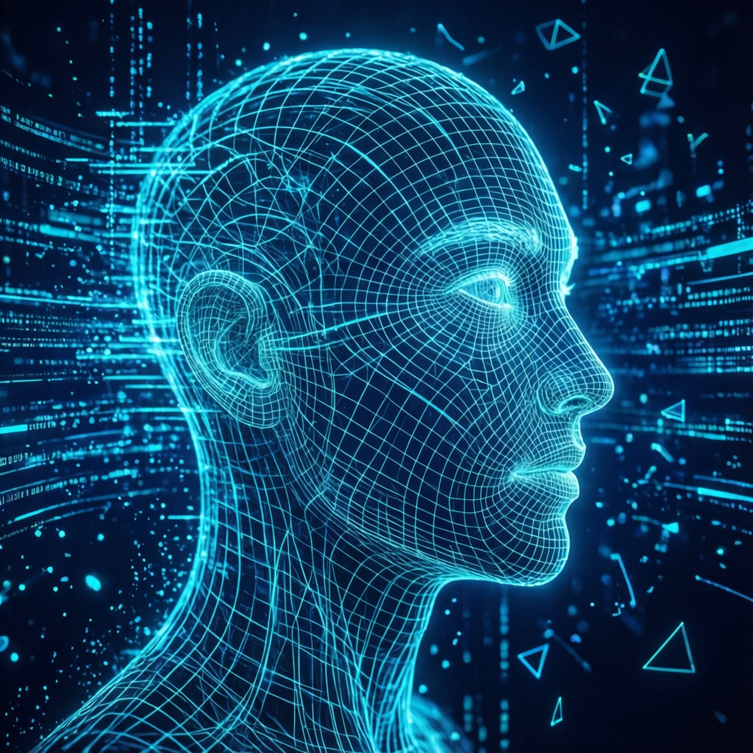 Digital wireframe human head with glowing blue lines and data particles floating around. wallpaper