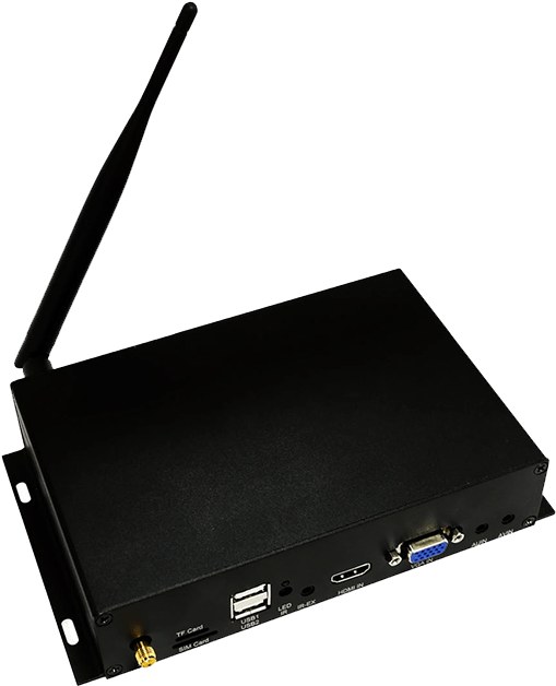 Wireless Network Devicewith Antenna PNG — A sleek black electronic device with an antenna and multiple ports including USB HDMI VGA and TF card slot.
