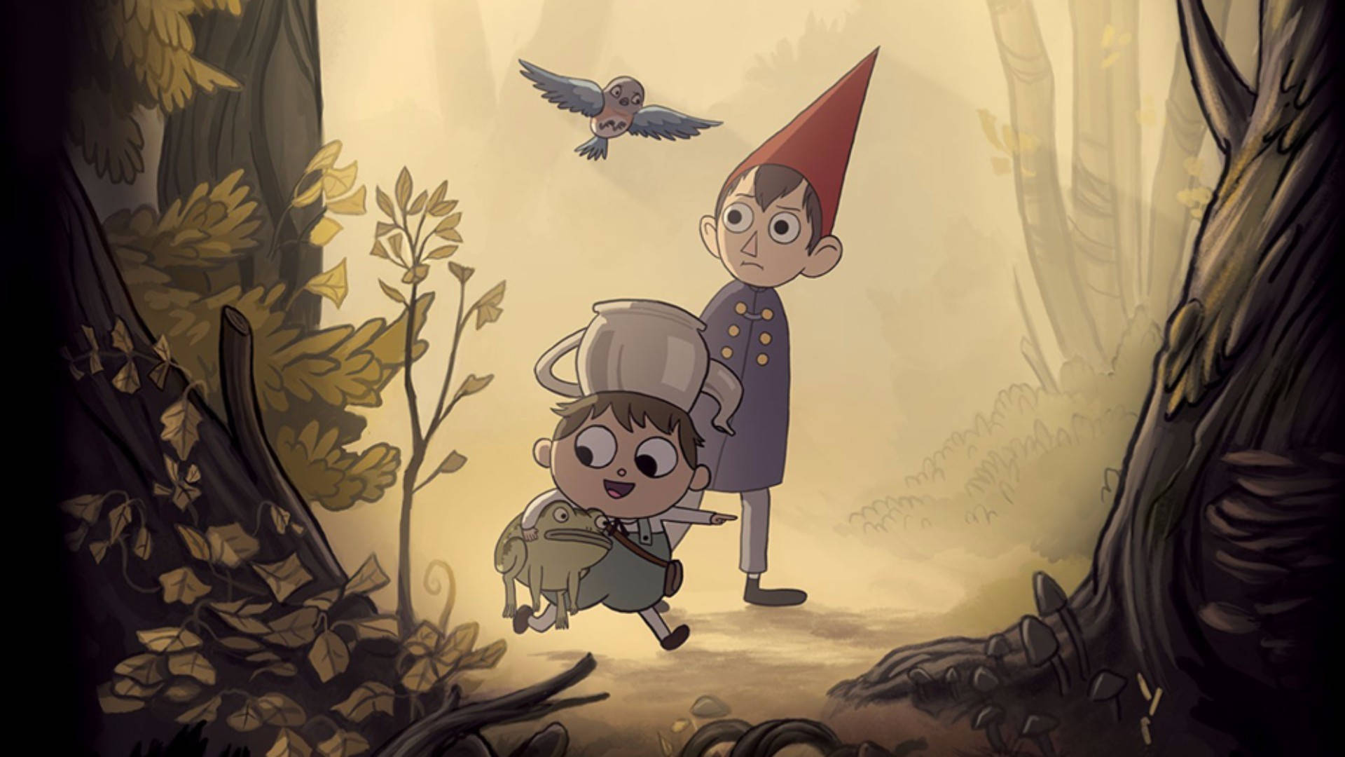 Wirt and Greg with a friendly bird in Over the Garden Wall Wallpaper
