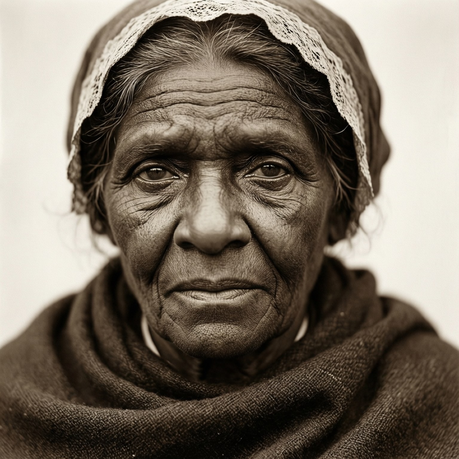 Wise Elder Portrait Wallpaper — A closeup portrait of an elderly woman with deep wrinkles wearing a lace-trimmed headscarf and textured shawl in sepia tones.