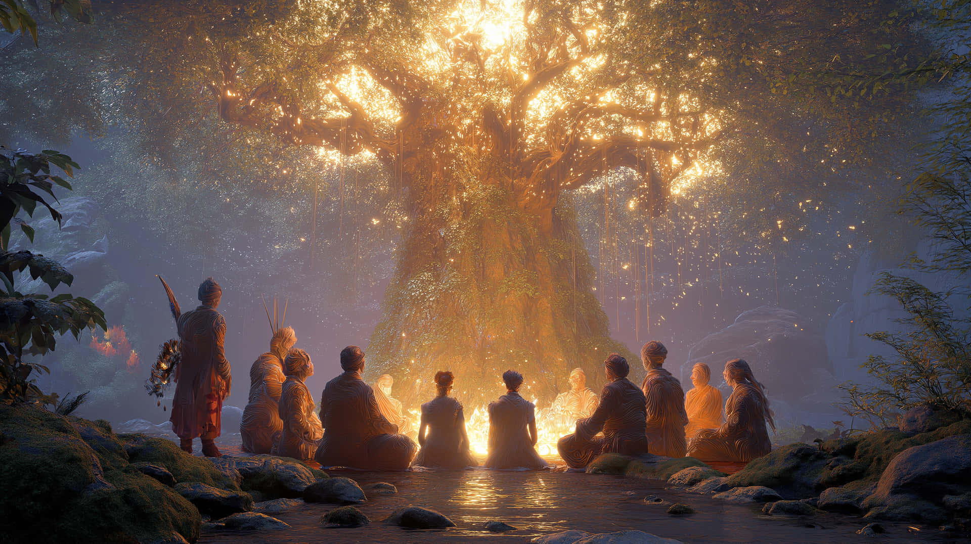 Wise Figures Gathered By Luminous Tree In Enchanted Forest Wallpaper
