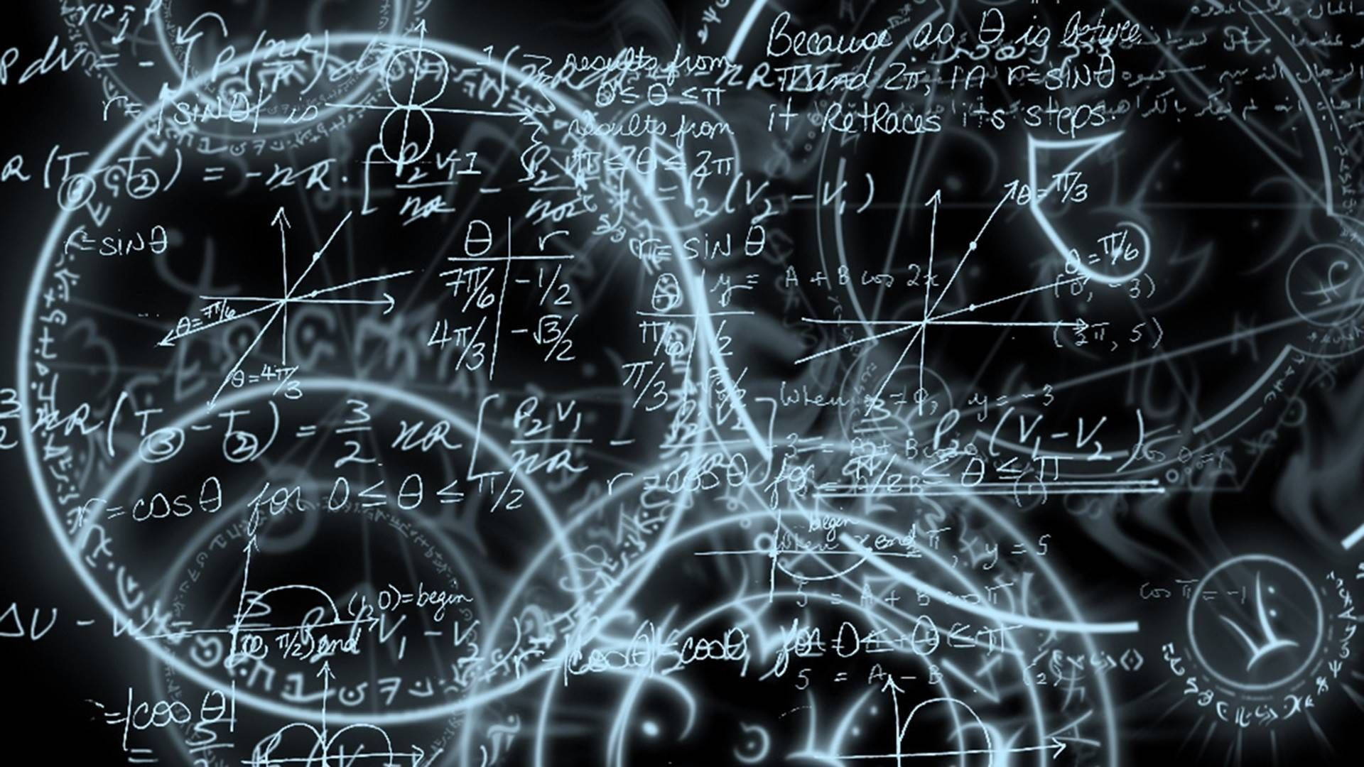 Intricate Mathematical Formulas and Symbols Wallpaper — A glowing network of mathematical equations and geometric diagrams floats in a dark cosmic void.
