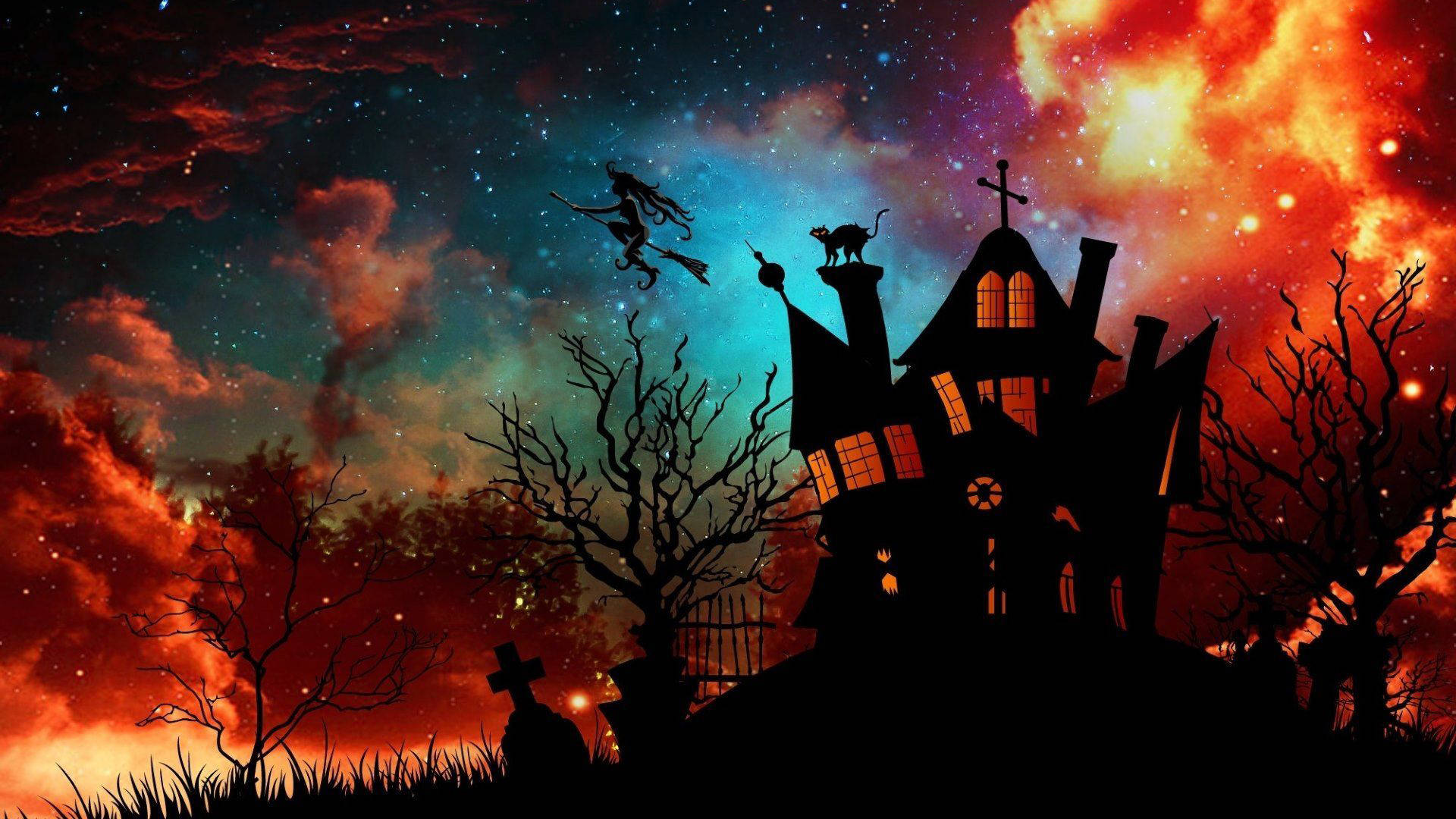 Witch And Cemetery Silhouette Halloween Computer