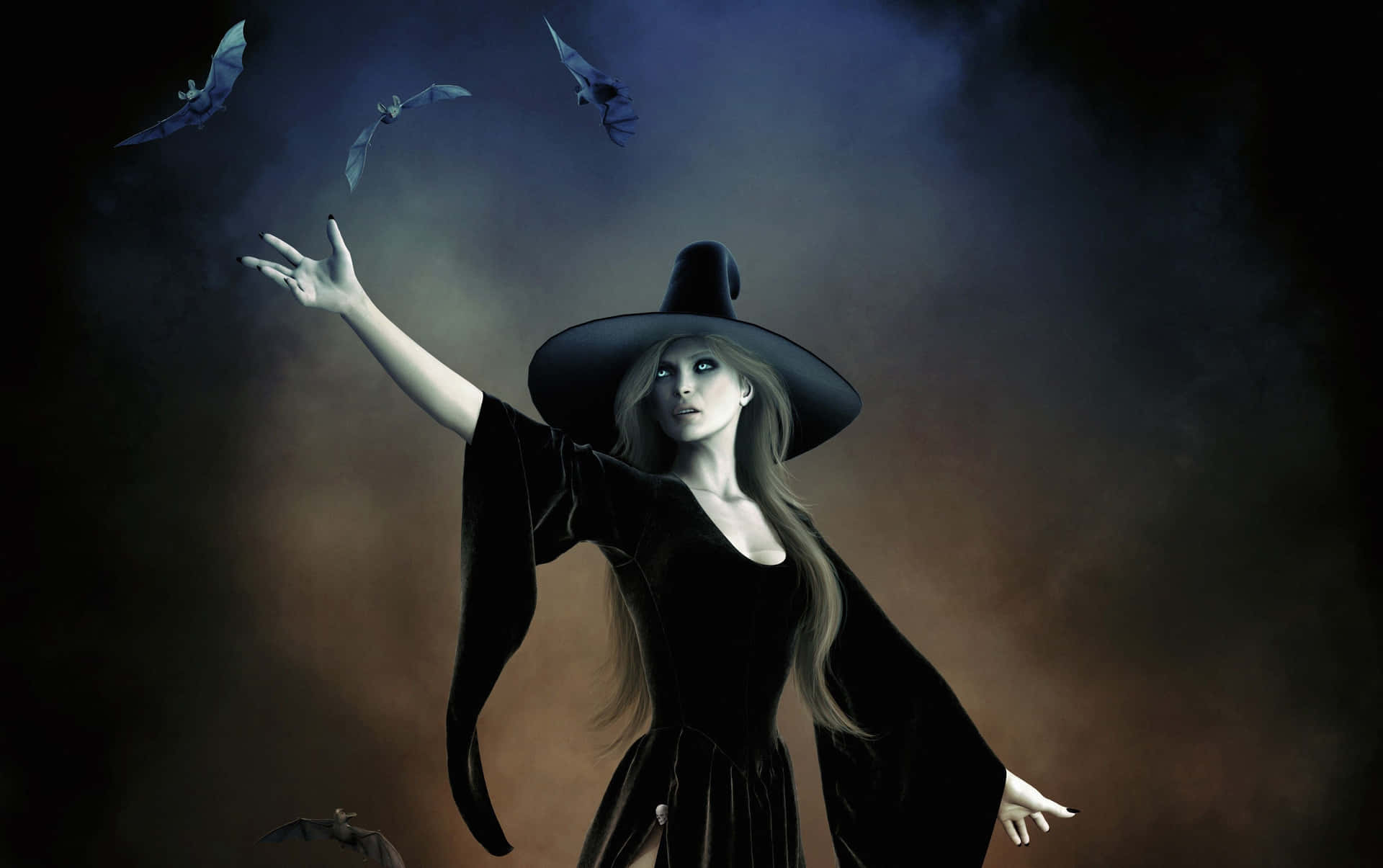 An ominous witch stands in an eerie forest, cloaked in darkness.