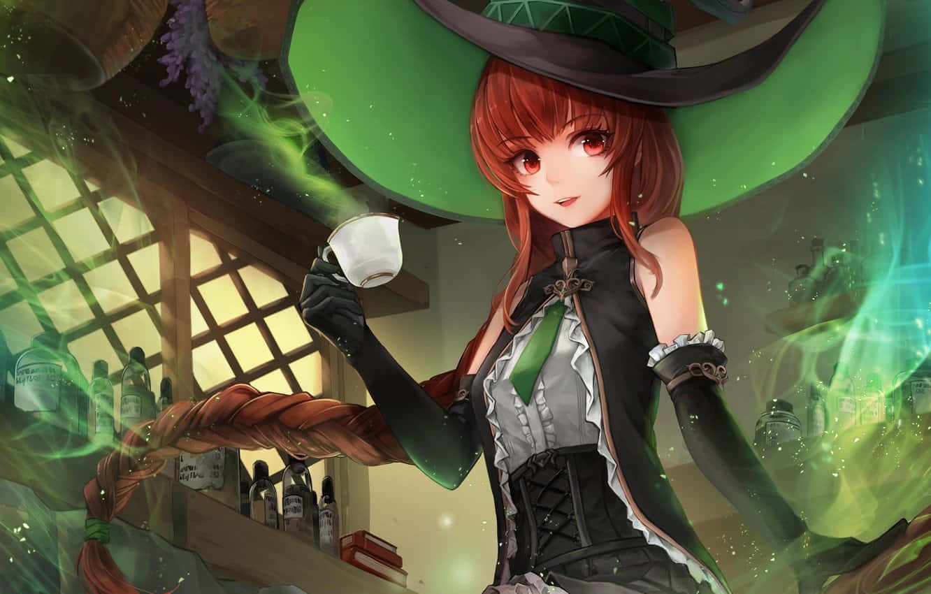 En pige i en grøn hat og en heks hat rider en kost
