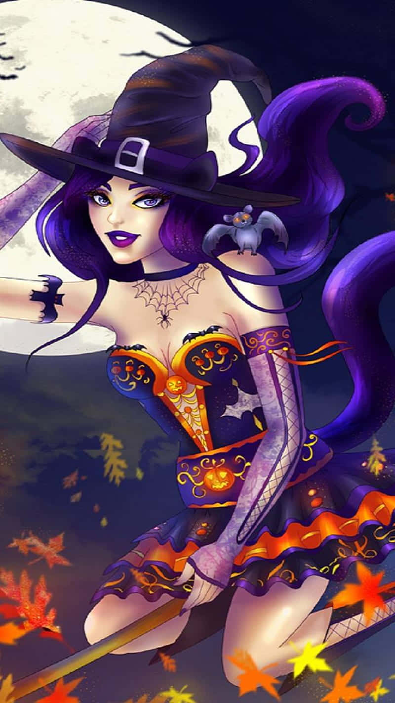 Witch Riding Broomstick Cute Witchy Wallpaper