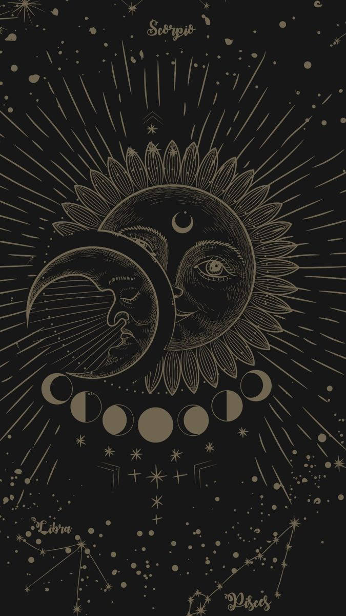 A Black And Gold Illustration Of The Sun And Moon Wallpaper