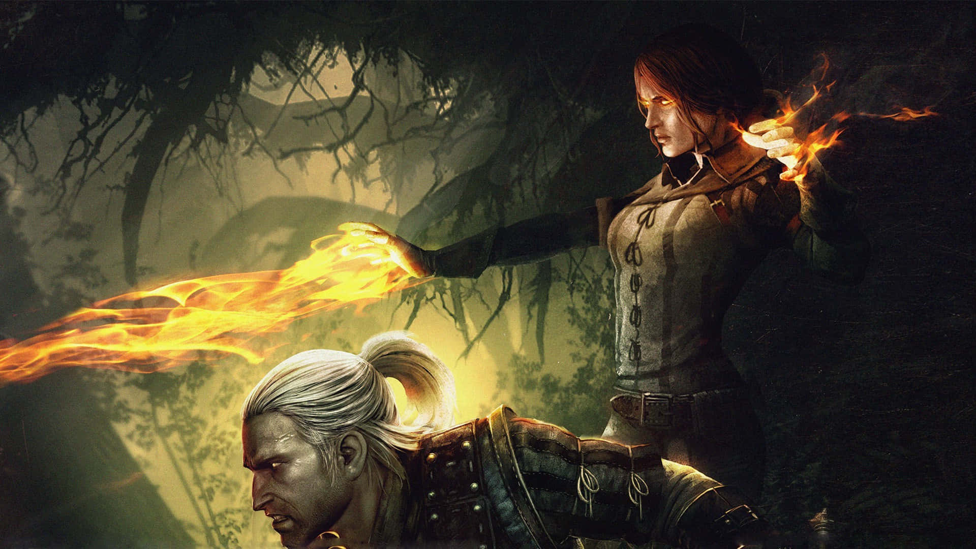 Geralt of Rivia, The Witcher, in action against the mysterious creatures in a dark forest.