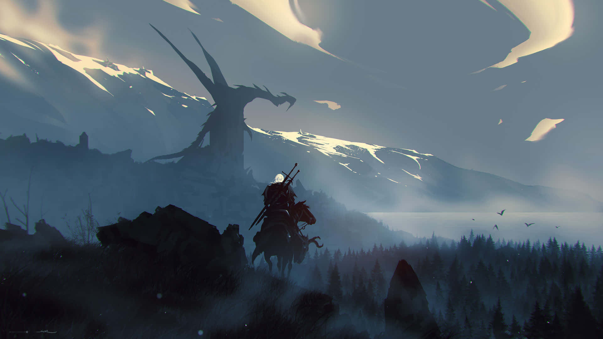 The Witcher - Geralt of Rivia prepares for battle in a breathtaking landscape