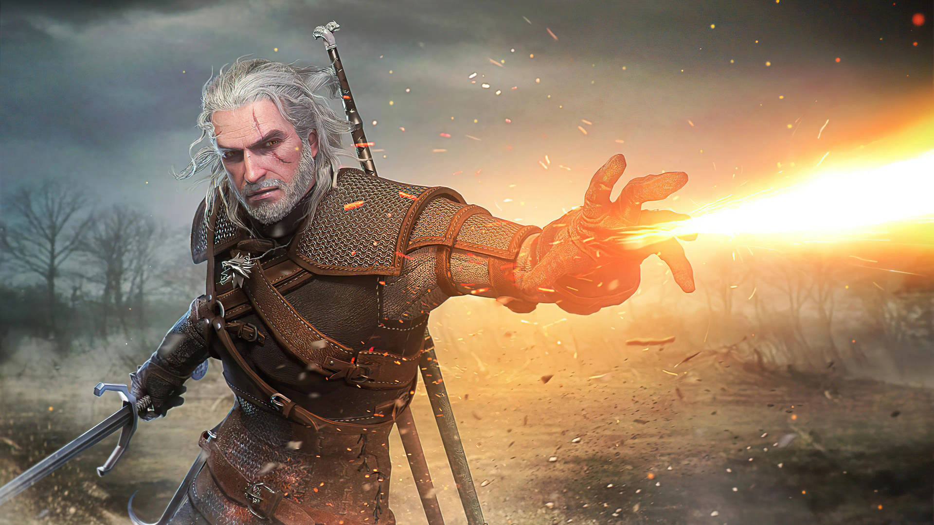 Witcher 3 4k Geralt Fire Magic Wallpaper