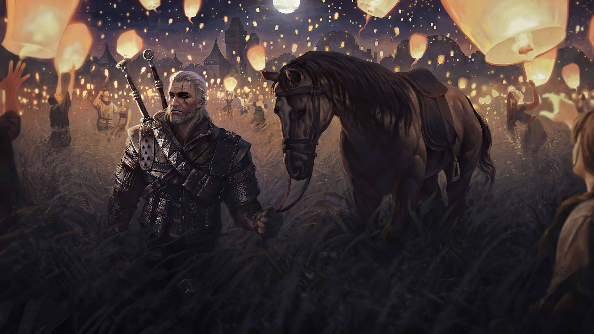 Witcher 3 4k Geralt Og Lanterner Wallpaper