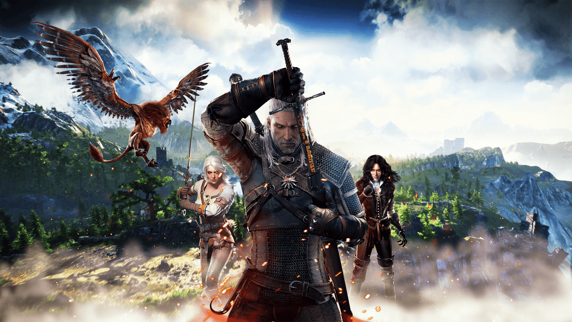 Prepare for a thrilling journey through the world of Witcher 3 Background — A warrior with a sword stands with two companions and a griffin against a mountainous backdrop under a cloudy sky.