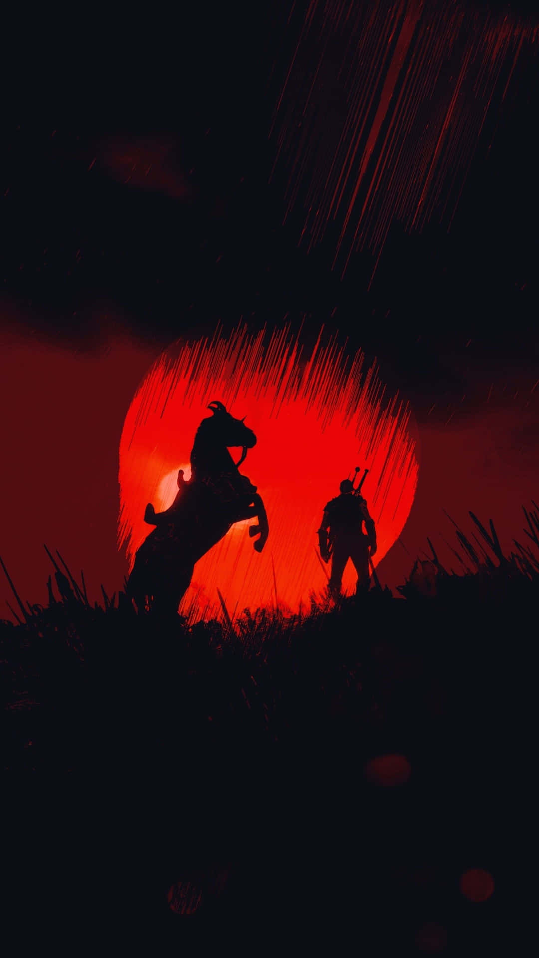 Caballode Luna Roja Y Silueta De Hombre Y Bruja En The Witcher 3 Para Teléfono Móvil. Fondo de pantalla