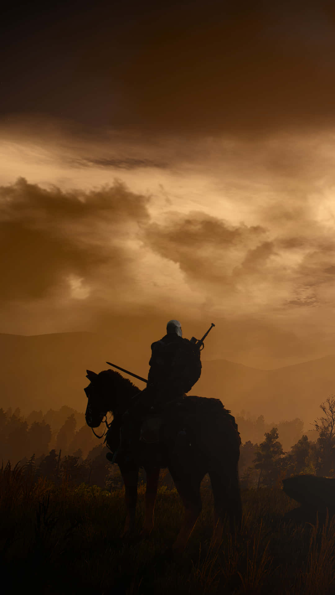 Man Riding Horse Silhouette Witcher 3 Phone Wallpaper