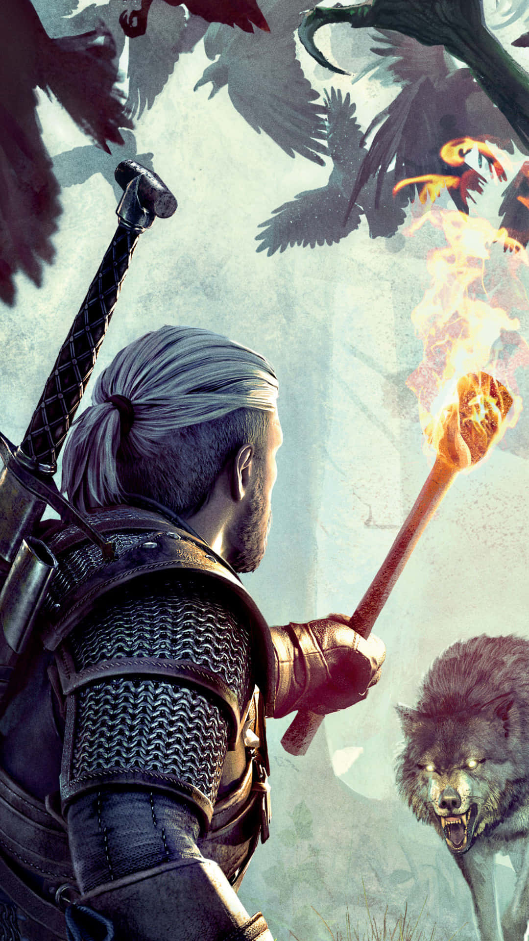 Geralt Holding Torch Wolf Witcher 3 Phone Wallpaper