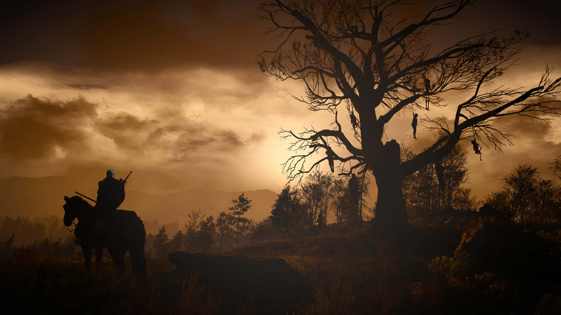 Geralt of Rivia riding majestic Roach in a breathtaking landscape