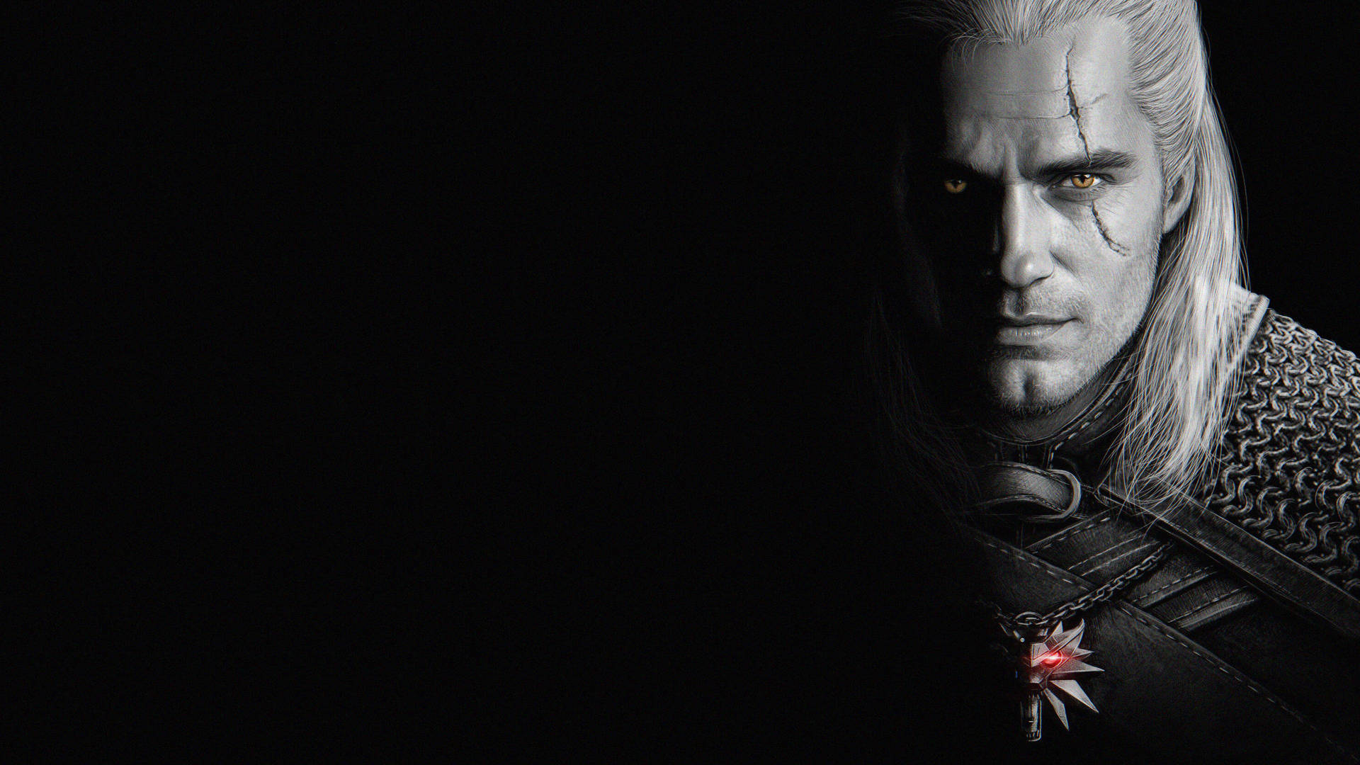Witcher 4K Geralt Gråtone Portrættapet: Nyd det øjenåbnede 4K portræt af Geralt fra Witcher sammensat af mørke gråtoner. Wallpaper