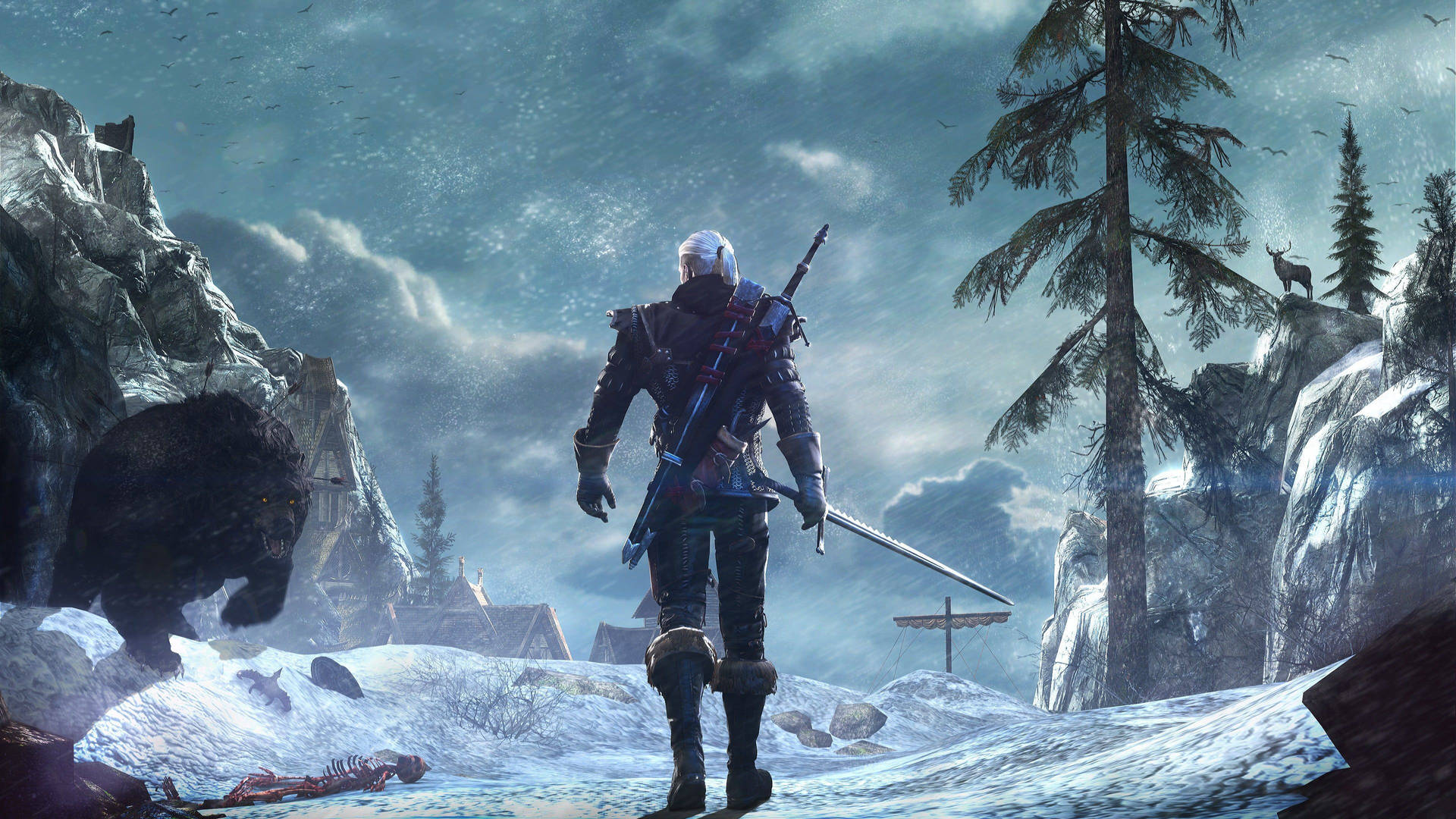 Witcher 4K Geralt på sne Mountains Tapet Wallpaper