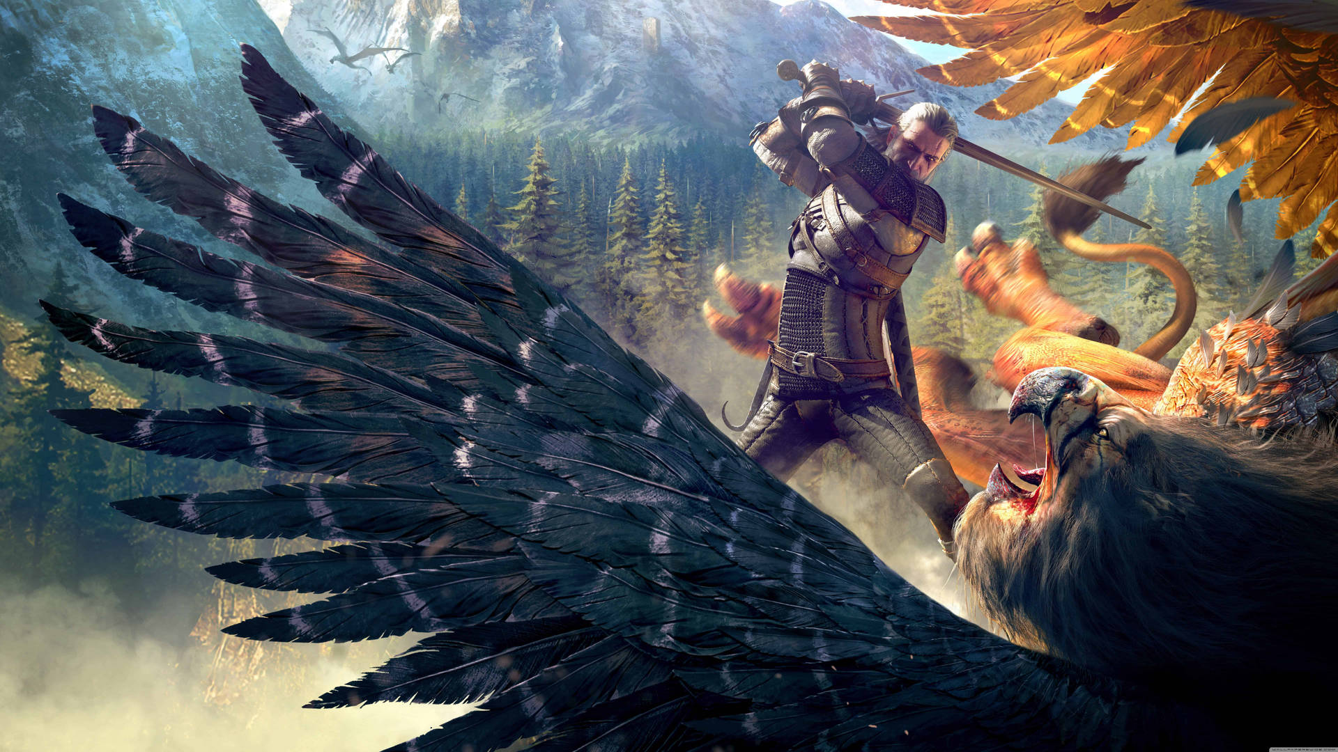 Vitter 4K Geralt Slaying Griffin Tapet: Se Geralt nedlægge Griffin i dette fantastiske Witcher 4K tapet. Wallpaper