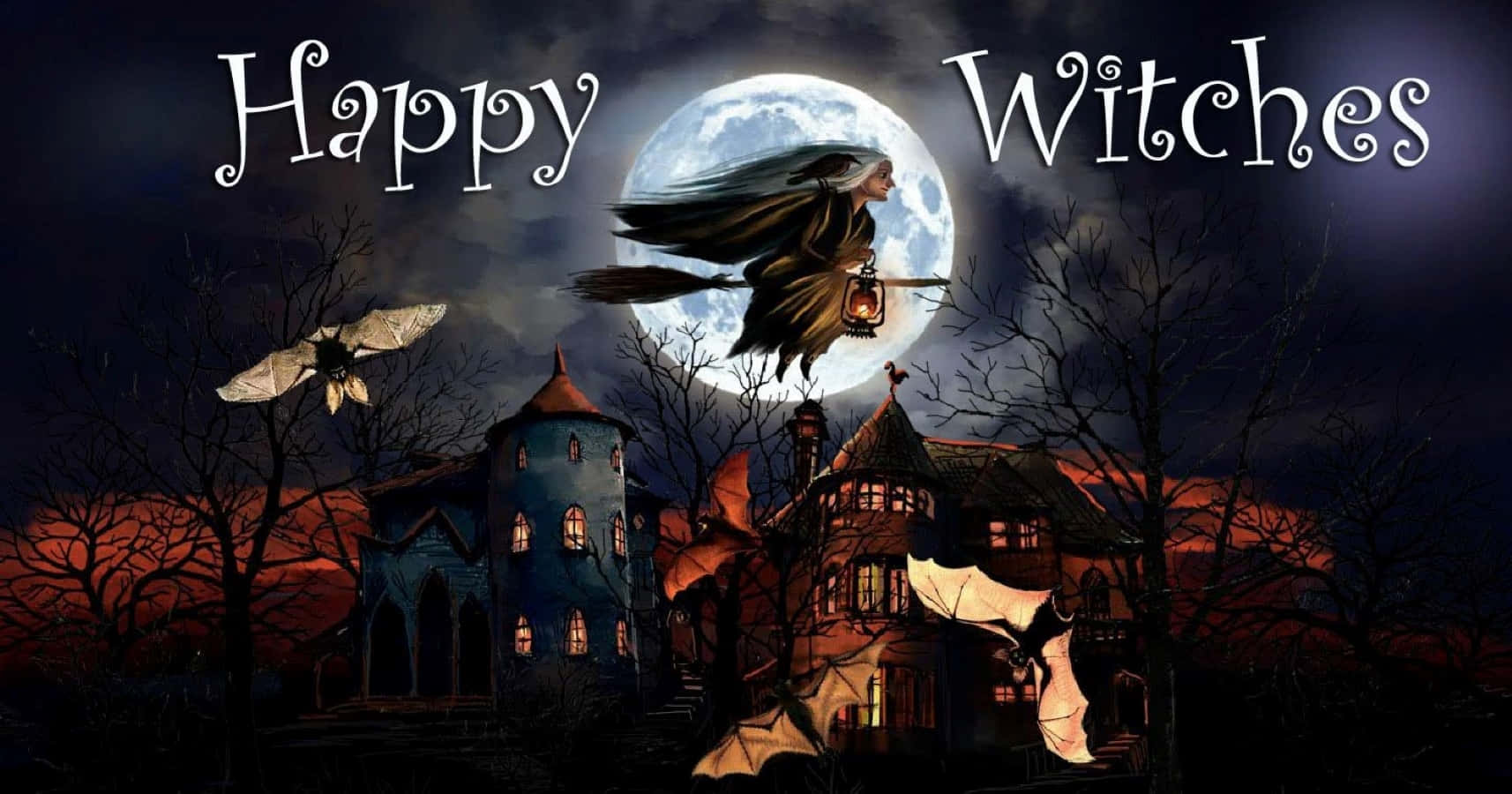 Mystical Witches Broom on Full Moon Night Wallpaper