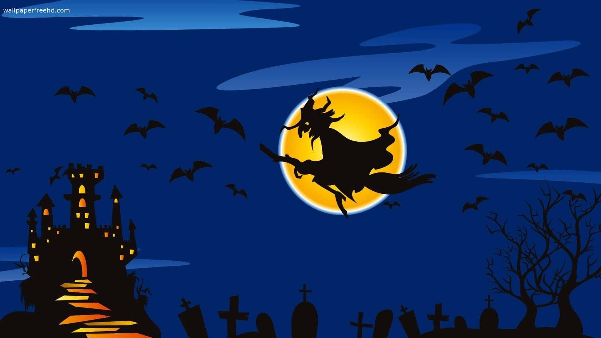 Halloweenhäxasom Flyger Över Månen Och Fladdermöss