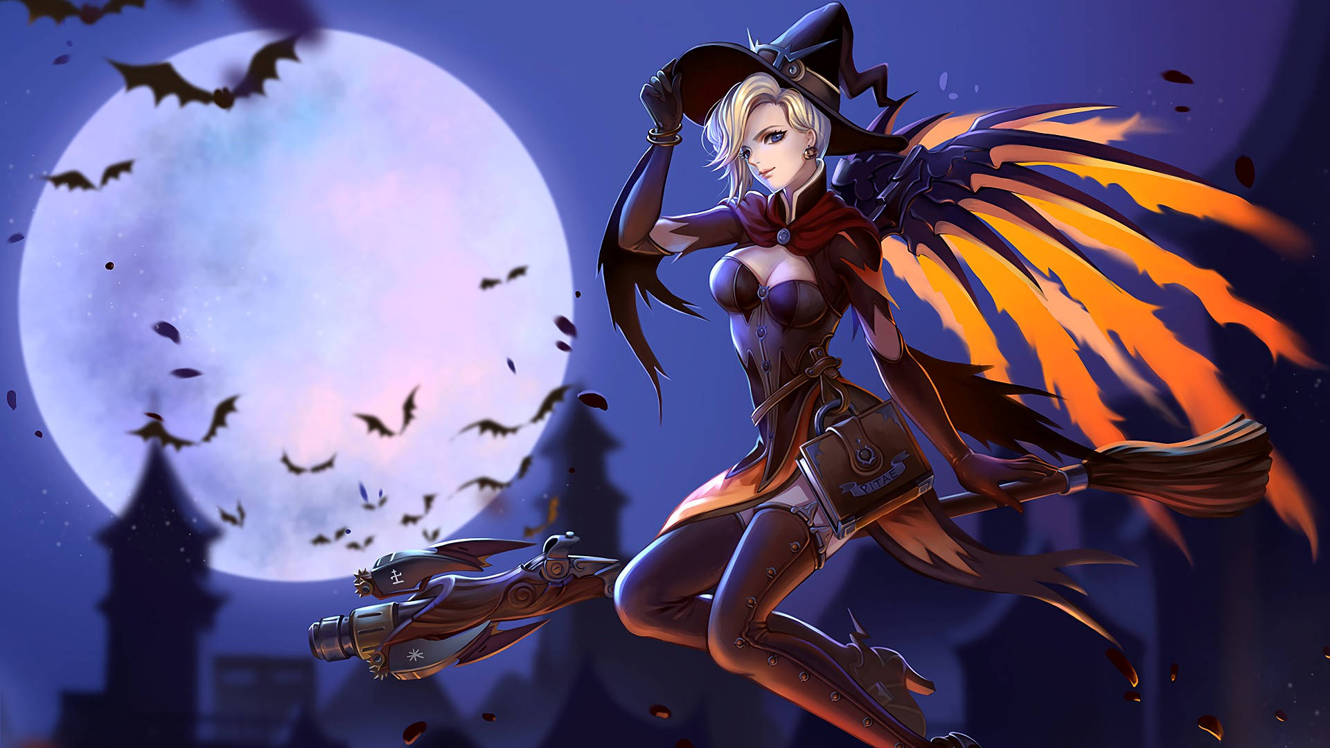 Witchy Anime Girl On Broomstick Wallpaper