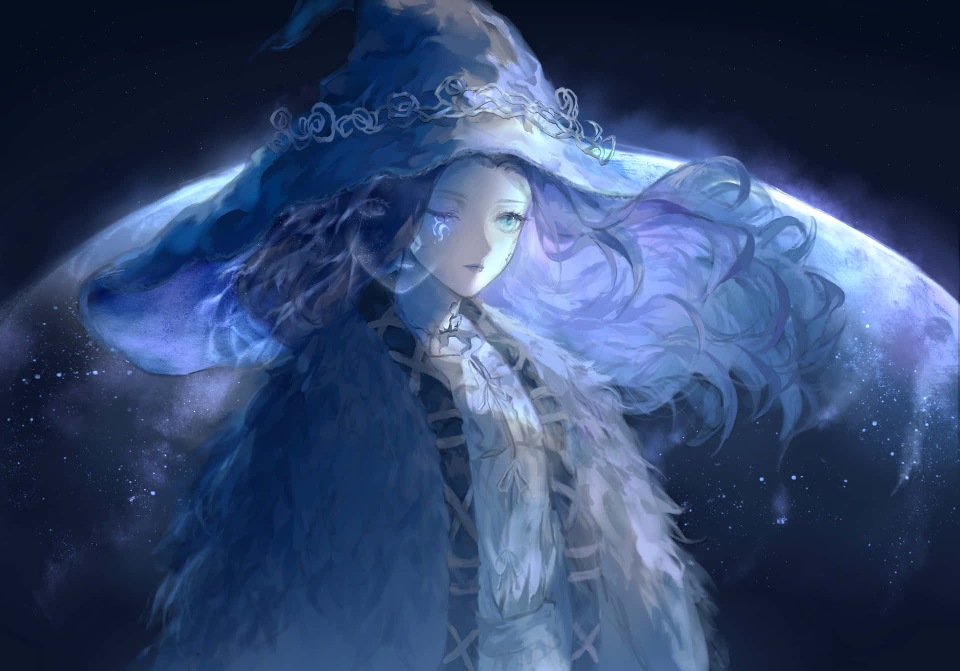 Einmädchen Mit Langen Haaren Und Blauen Haaren Steht Vor Dem Mond. Wallpaper