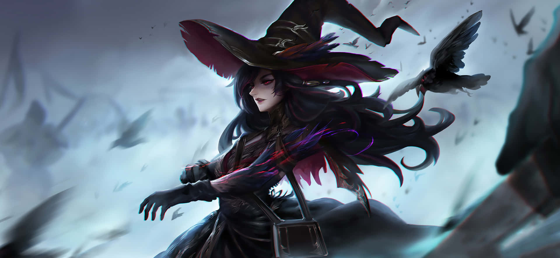 A Witch With A Hat And A Crow Wallpaper