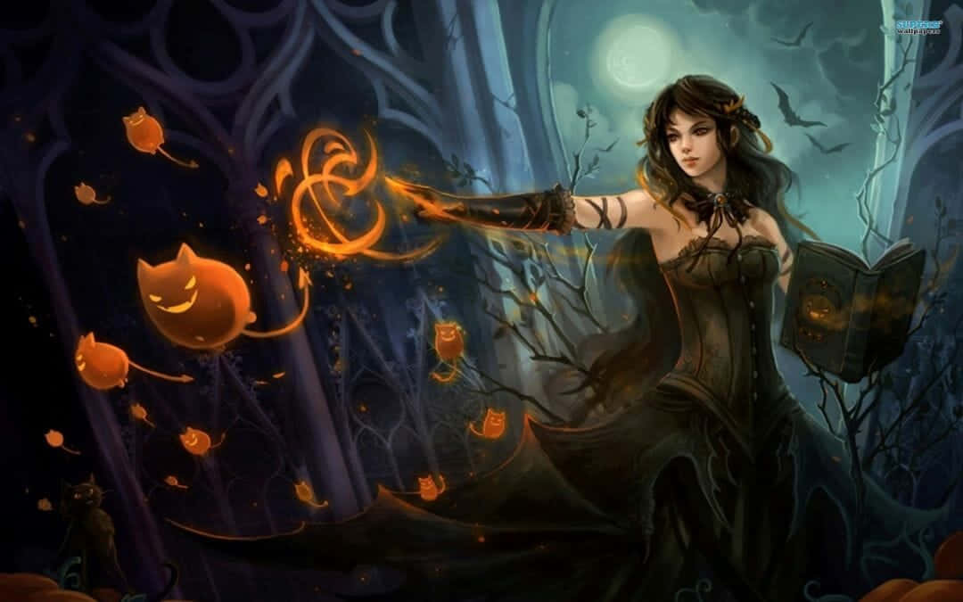 A Witch In Black Holding Pumpkins Wallpaper