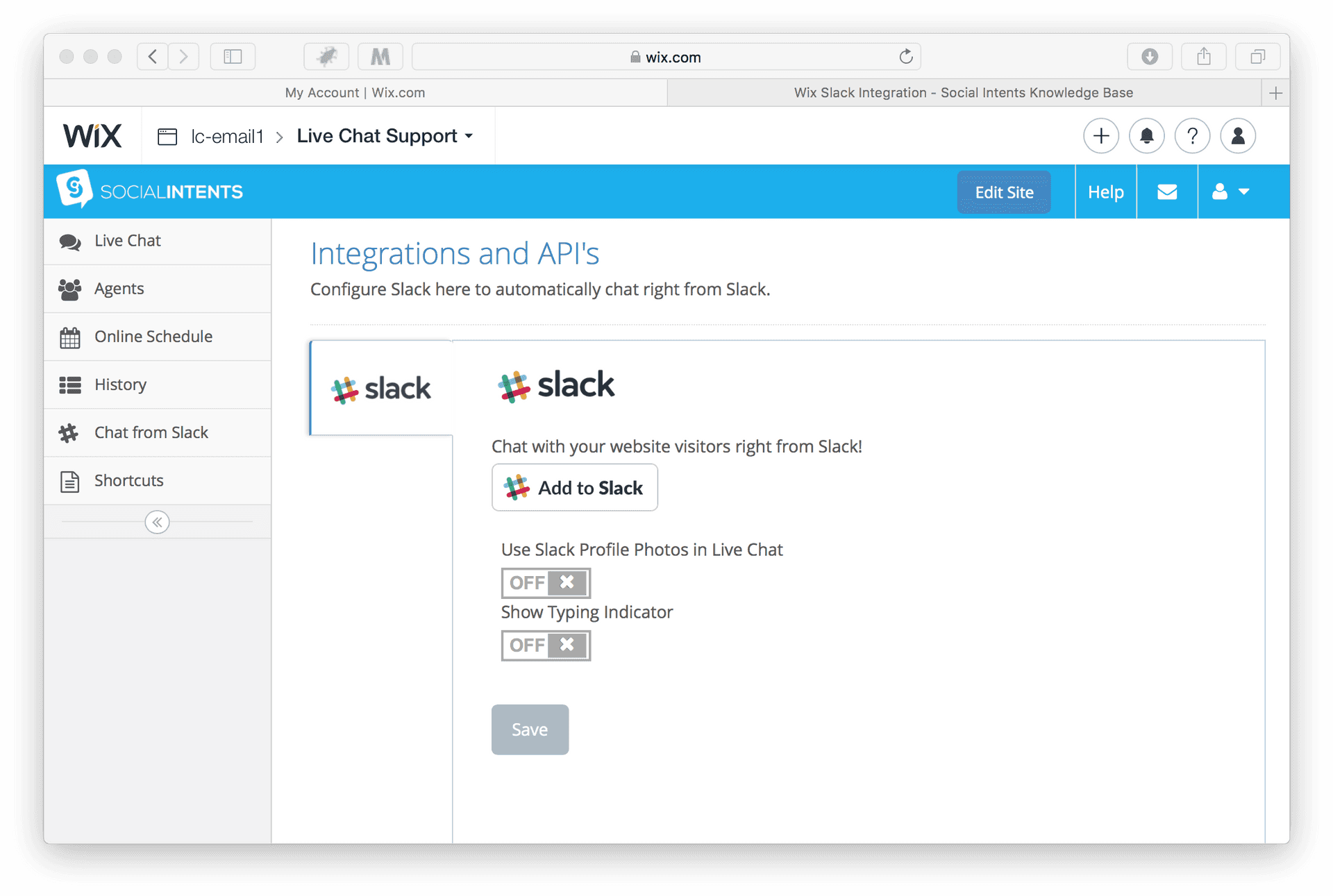 Wix Slack Integration Settings Screenshot PNG