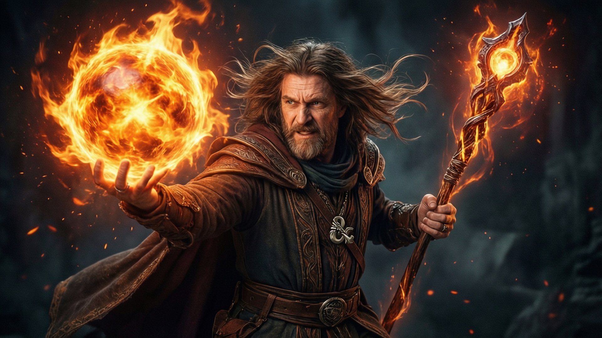 Dynamischer D&D-Zauberer, der einen Feuerballzauber im Kampf entfesselt.
