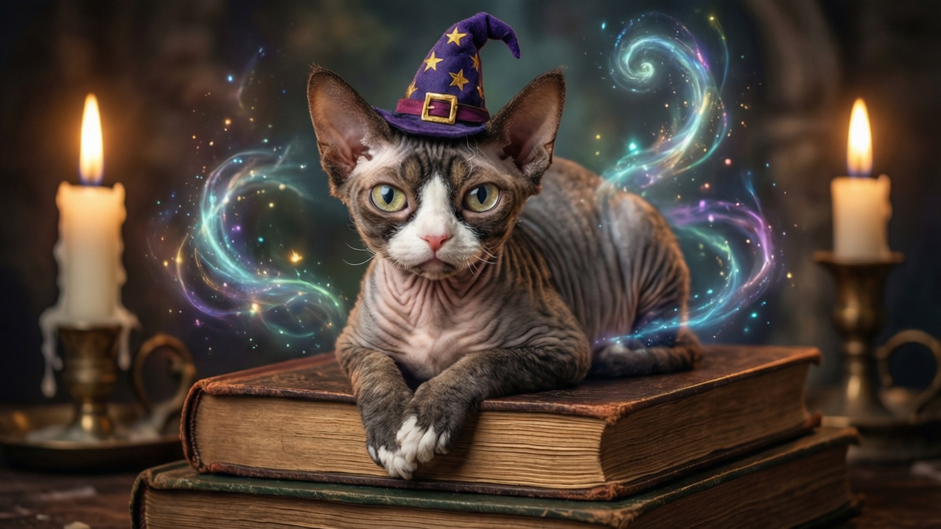En fantasyillustrasjon av en Devon Rex-katt som en trollmann med hatt og bøker.