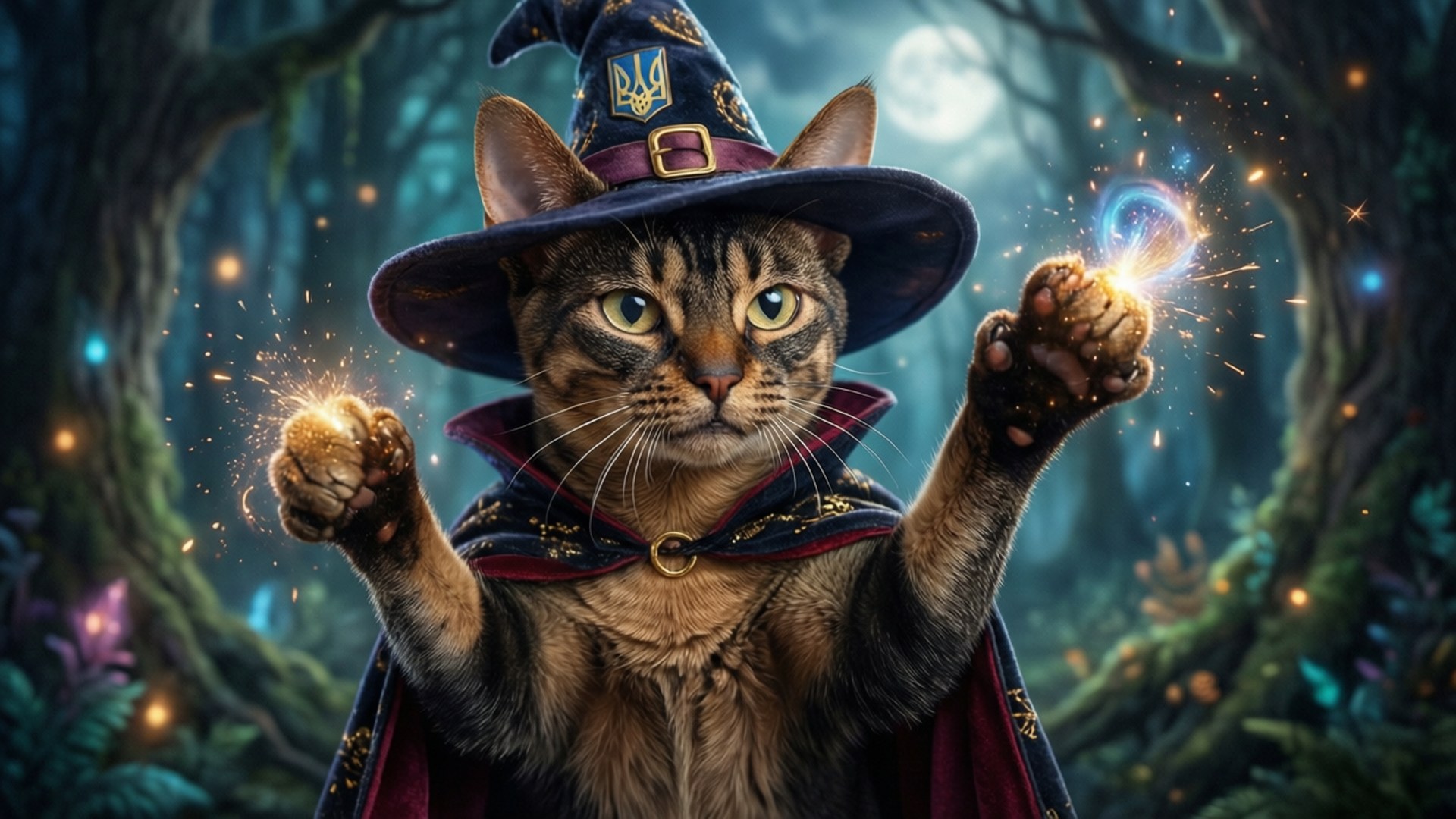A fantasy illustration of a Ukrainian Levkoy cat dressed as a wizard, casting a magical spell in a moonlit forest.