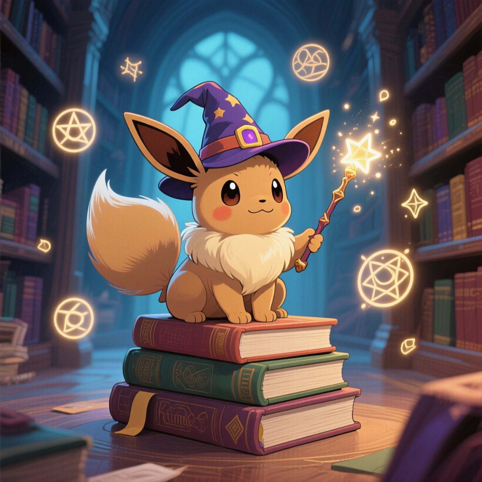 Magicien Eevee Fonds d'écran — Un adorable Eevee magicien est assis sur des livres avec une baguette magique dans une bibliothèque.