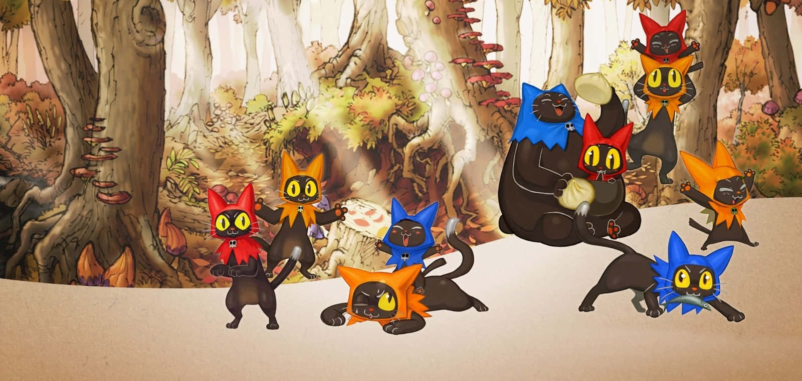 Ungruppo Di Gatti In Una Foresta Sfondo