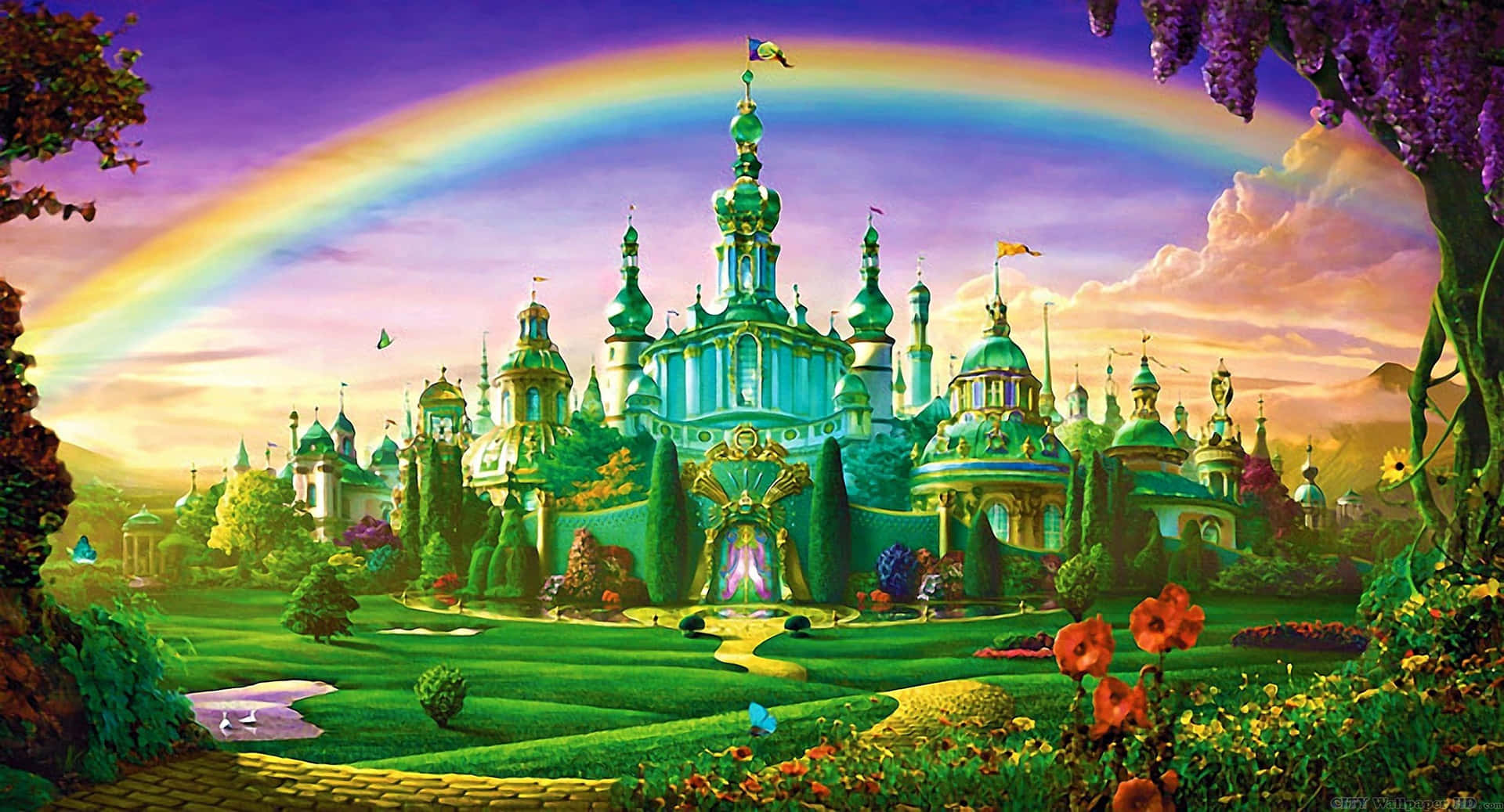 A Rainbow And A Castle In The Middle Of A Field Wallpaper