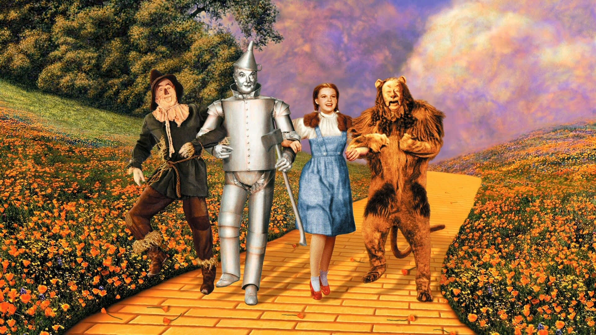 Dorothy, Tin Man, and Dorothy's Dog traverse Oz Wallpaper