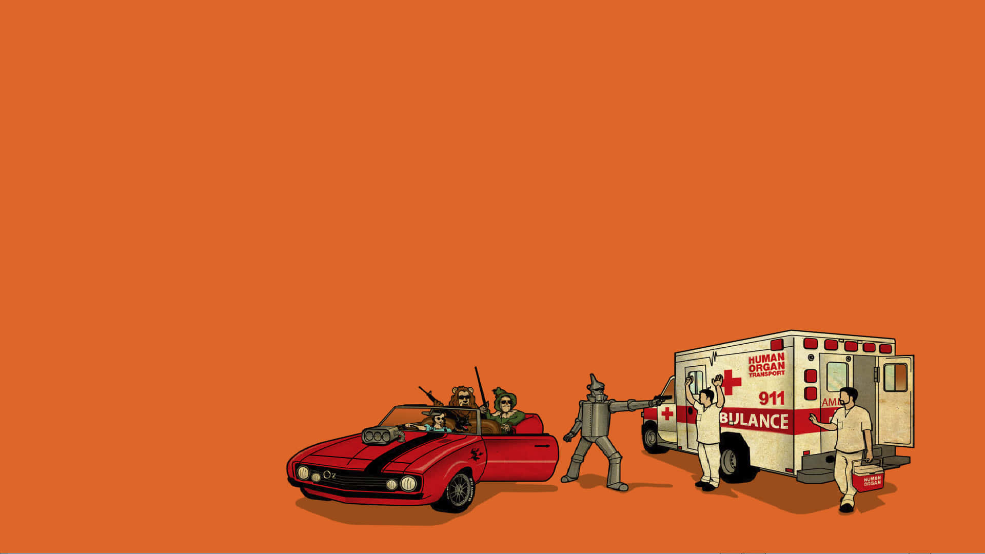 Et tegneserie af en mand og en bil der kører Wallpaper
